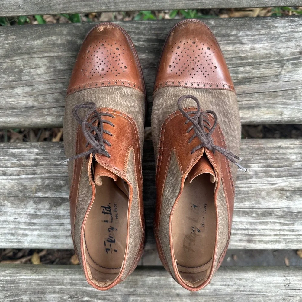 Flag Ltd. Hamilton Brown Leather Canvas Cap Toe Brogue Oxford Dress Shoes Sz 8.5